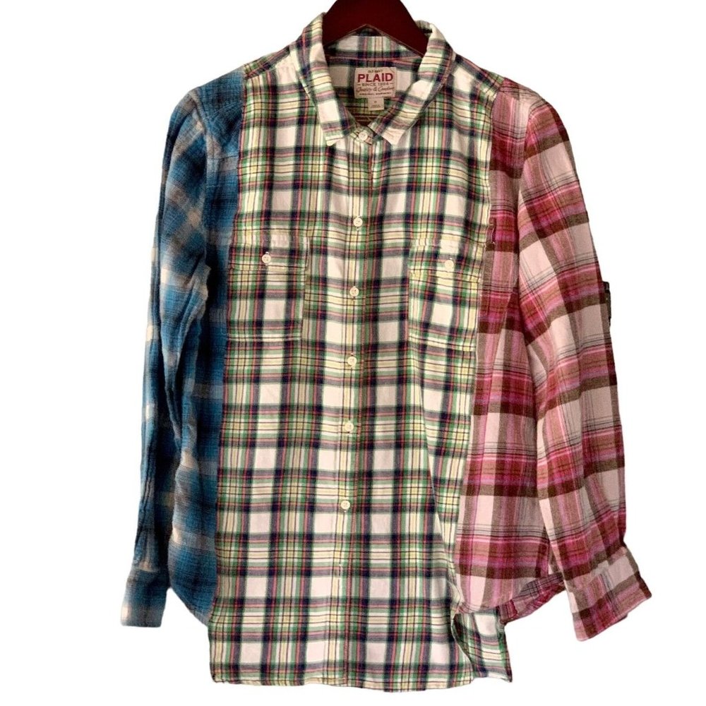 Rebuilt Flannel Shirt OOAK Plaid Fits Large Colorblock Raw Edge DESMOINES GREEN